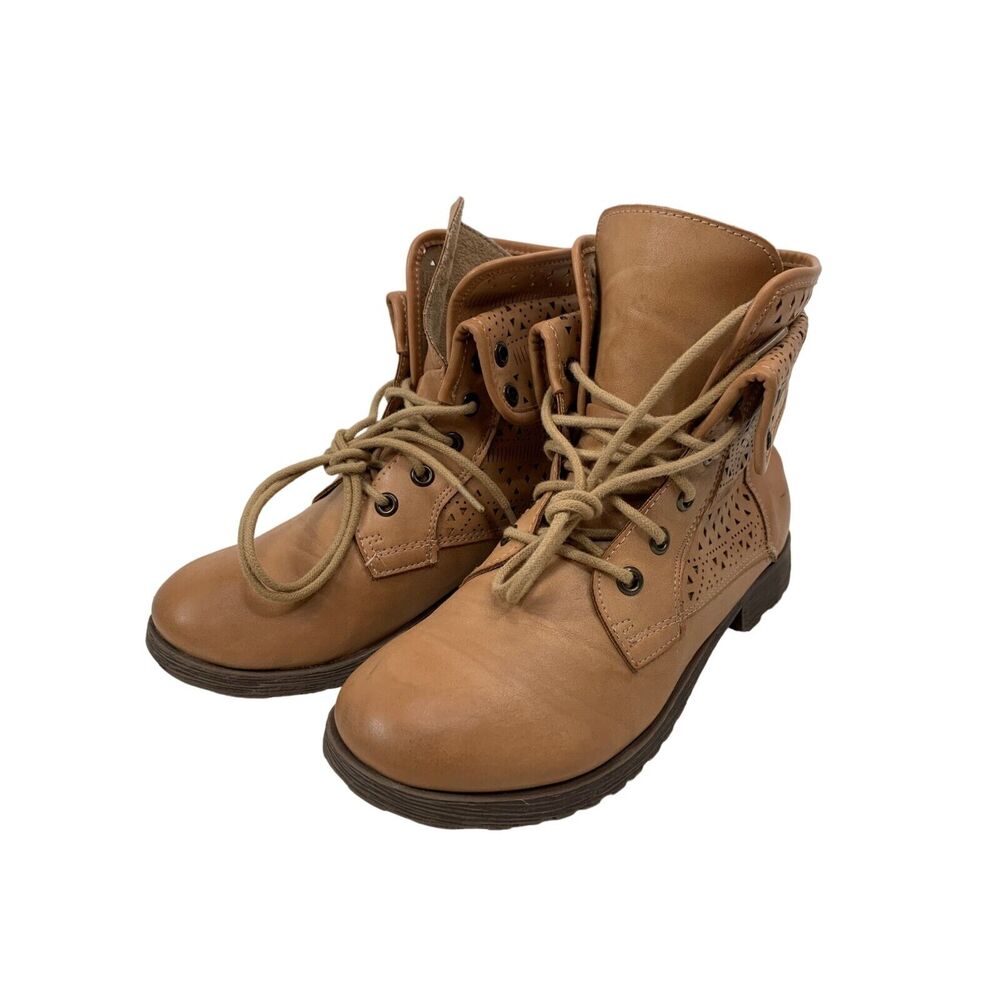 Justice Womens Tan Faux Leather Lace-Up Ankle Boots Size 7